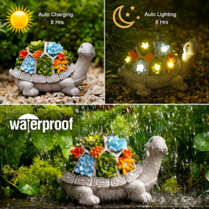 Solar Garden Outdoor Statues Turtle with Succulent,7 LED Lights,Lawn Decor Tortoise Statue for Patio, Balcony, Yard Ornament ,Unique Housewarming Gifts