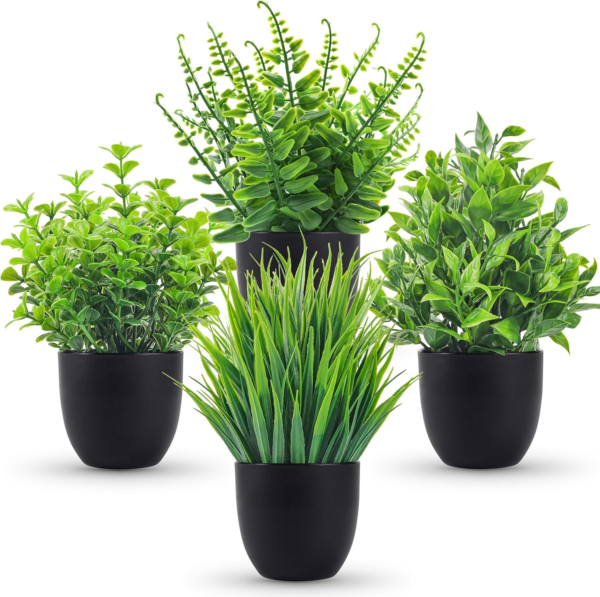 Fake Plants, 4 Packs, Artificial Plants Small Faux Plants Black, Bathroom Accessories ,for Bathroom Home ,Office Desk Decor ,Indoor