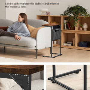 C Shaped End Table, Small Side Table for Couch and Recliner, Slide Under Sofa Tray Table with Storage Bag for Living Room , Bedroom, Rustic Brown