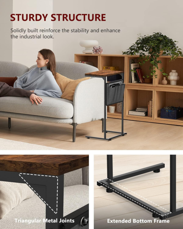 C Shaped End Table, Small Side Table for Couch and Recliner, Slide Under Sofa Tray Table with Storage Bag for Living Room , Bedroom, Rustic Brown