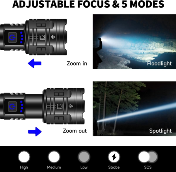 Rechargeable ,Flashlights High Lumens, 990000LM Powerful Tactical Flashlights, 5 Modes LED Flashlight Adjustable, Brightest Flashlight Waterproof, Handheld Flash Light for Emergencies, Camping, Hiking
