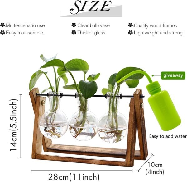 Plant Terrarium with Wooden Stand, Air Planter Bulb Glass Vase Metal Swivel Holder Retro Tabletop for Hydroponics Home Garden Office Decoration