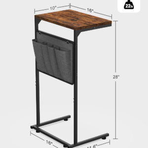 C Shaped End Table, Small Side Table for Couch and Recliner, Slide Under Sofa Tray Table with Storage Bag for Living Room , Bedroom, Rustic Brown