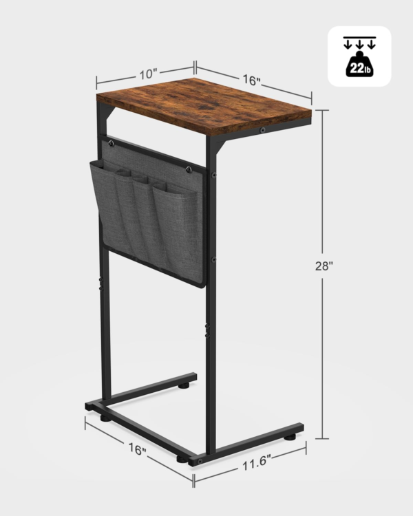 C Shaped End Table, Small Side Table for Couch and Recliner, Slide Under Sofa Tray Table with Storage Bag for Living Room , Bedroom, Rustic Brown