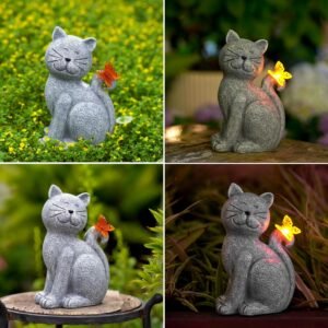 Solar Cat Outdoor Statues for Garden,Outside Decor with Butterfly ,Clearance for, Yard ,Art, Lawn ,Ornaments, Porch ,Patio ,Balcony, Home House ,Birthday Gifts for Grandma Mom Women