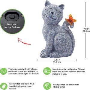 Solar Cat Outdoor Statues for Garden,Outside Decor with Butterfly ,Clearance for, Yard ,Art, Lawn ,Ornaments, Porch ,Patio ,Balcony, Home House ,Birthday Gifts for Grandma Mom Women