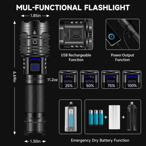 Rechargeable ,Flashlights High Lumens, 990000LM Powerful Tactical Flashlights, 5 Modes LED Flashlight Adjustable, Brightest Flashlight Waterproof, Handheld Flash Light for Emergencies, Camping, Hiking
