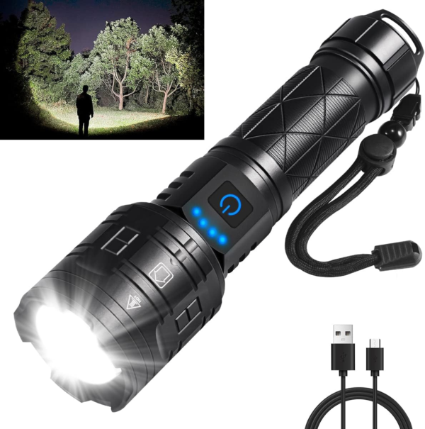 Rechargeable ,Flashlights High Lumens, 990000LM Powerful Tactical Flashlights, 5 Modes LED Flashlight Adjustable, Brightest Flashlight Waterproof, Handheld Flash Light for Emergencies, Camping, Hiking