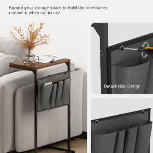 C Shaped End Table, Small Side Table for Couch and Recliner, Slide Under Sofa Tray Table with Storage Bag for Living Room , Bedroom, Rustic Brown