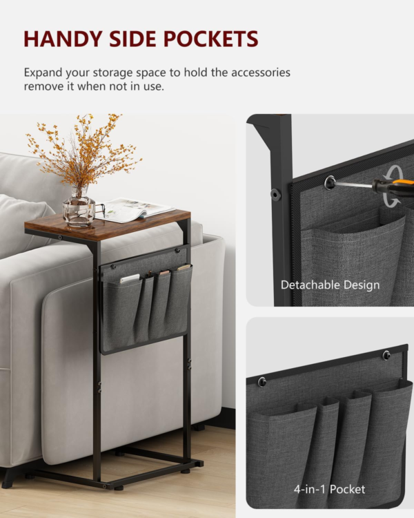 C Shaped End Table, Small Side Table for Couch and Recliner, Slide Under Sofa Tray Table with Storage Bag for Living Room , Bedroom, Rustic Brown