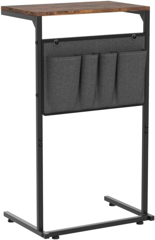 C Shaped End Table, Small Side Table for Couch and Recliner, Slide Under Sofa Tray Table with Storage Bag for Living Room , Bedroom, Rustic Brown
