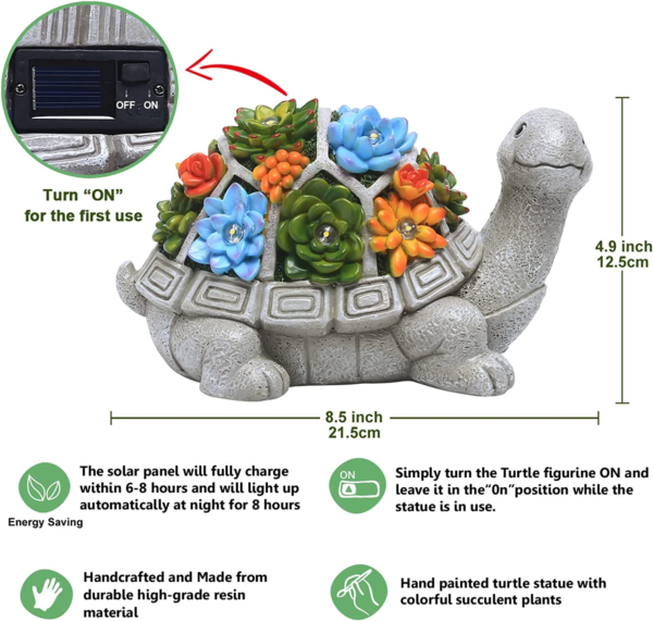 Solar Garden Outdoor Statues Turtle with Succulent,7 LED Lights,Lawn Decor Tortoise Statue for Patio, Balcony, Yard Ornament ,Unique Housewarming Gifts