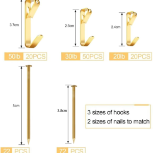 184 Pieces Picture Hanging Kit, 20lb, 30lb, and 50lb Picture Hangers,Metal Picture Hanging Hooks with Nails, on Drywall, Wooden Wall.