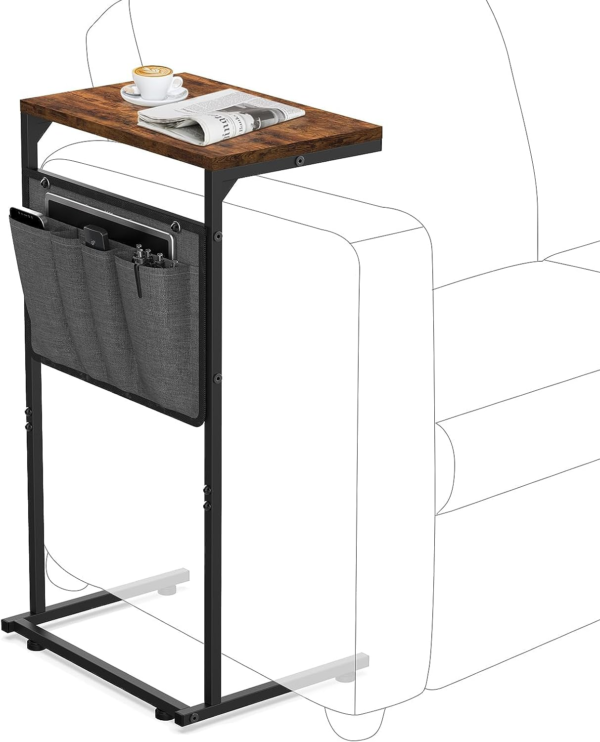 C Shaped End Table, Small Side Table for Couch and Recliner, Slide Under Sofa Tray Table with Storage Bag for Living Room , Bedroom, Rustic Brown
