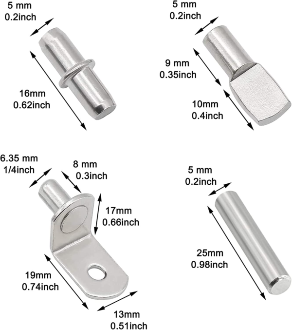 Shelf Pins Kit,4 Styles Nickel Plated Shelf Support Pegs,Bookshelf Pegs for Shelves,Cabinet Shelf Bracket Pegs Shelf Pins Holders for Kitchen Furniture, Closet